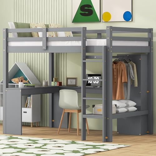 SOFTSEA Full Size Loft Bed with Desk & Wardrobe, White F150304