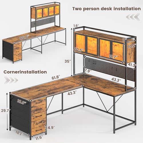 SEDETA L Shaped Gaming Desk with Drawers, LED Lights, and Power Outlet O3738