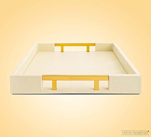 White Marble Faux Leather Decorative Tray with Handles D972626