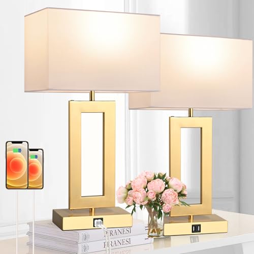 22" Touch Control Table Lamps with USB Ports, Dimmable, Gold & White V1178