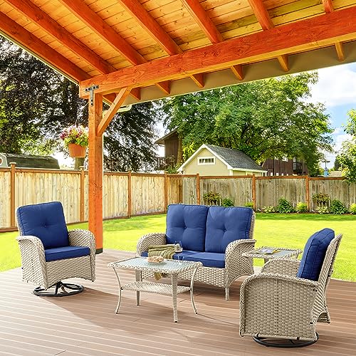 Outdoor Wicker Swivel Rocker Chairs Set of 2 with Rattan Side Table, Brown/Blue B592