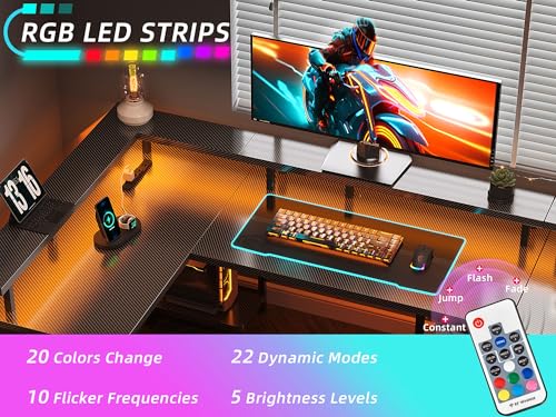 66" L Shaped Gaming Desk with Power Outlet and LED Lights, Black Carbon Fiber O942411