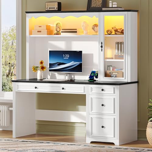 YITAHOME Executive Desk with Hutch, Drawers, Power Outlet & LED Lights, White & Black Z850393