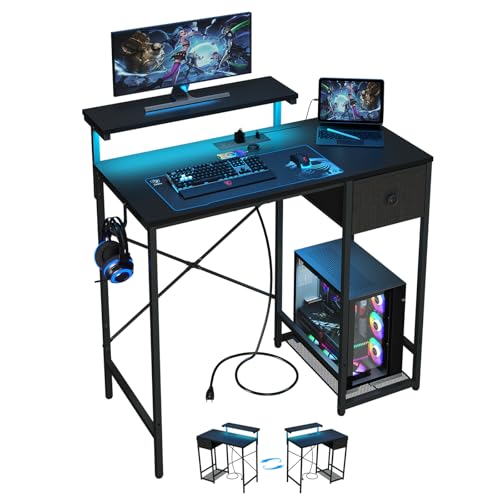 X-cosrack 33.5" Small Gaming Desk with LED Lights & Power Outlets, Compact Computer Desk with Monitor Stand & CPU Stand, Gamer Table with Storage Drawer, Side Hooks for Home Office, Bedroom, Black