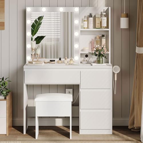 Vanity Desk with Mirror and LED Lights, White U781622