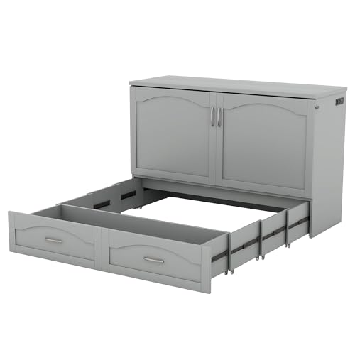 Convertible Murphy Bed 2-in-1 Solid Wood Wall Bed with Drawer & USB Ports, Queen, Grey W146