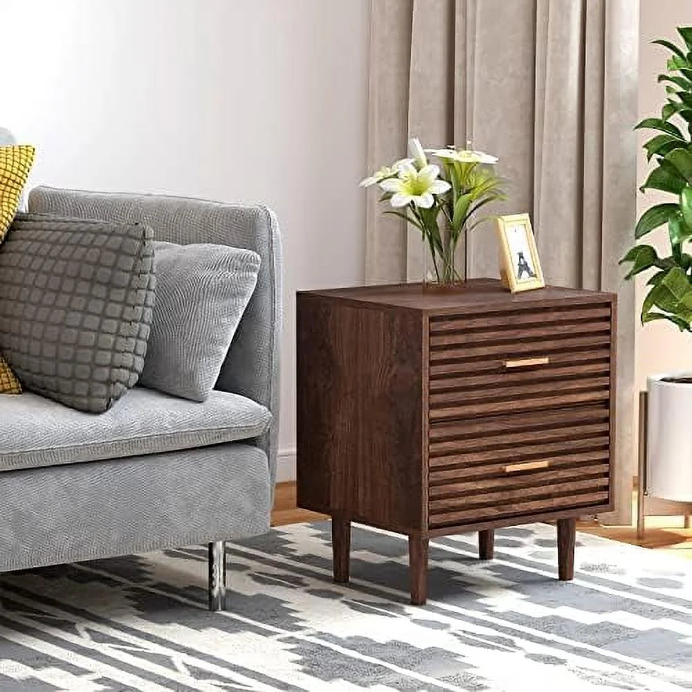 Mid-Century Modern Nightstand with 2 Drawers and Solid Wood Legs X354004
