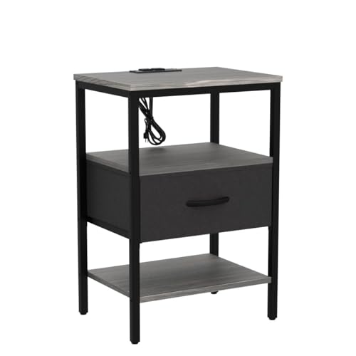 SUPERJARE Nightstand with Charging Station, Fabric Drawer, 3-Tier Storage, Walnut K366263