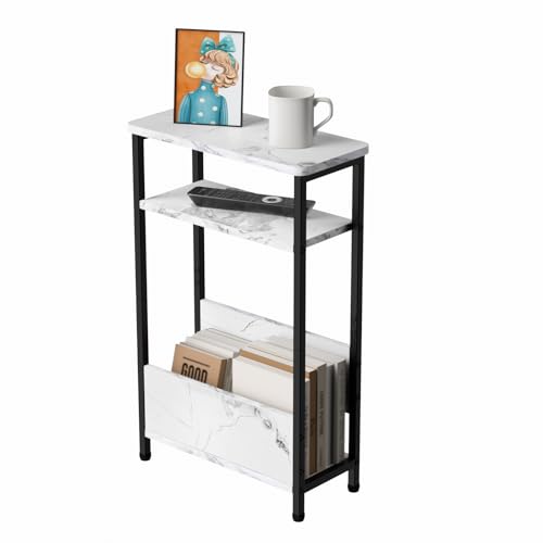 7.1" Narrow 3-Tier Side Table with Magazine Holder, Faux White Marble R580691