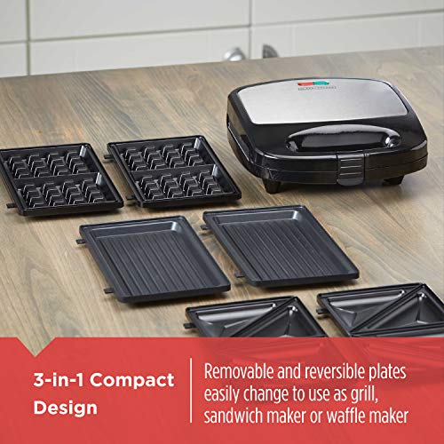 BLACK+DECKER 3-in-1 Waffle Iron, Grill and Sandwich Press, Non-Stick C361