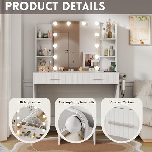White Vanity Desk with LED Mirror and Storage Stool D5834