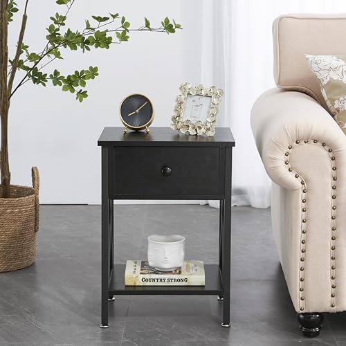 VECELO End Side Table with Cabinet, Bedside Nightstand, Dark Black I43242