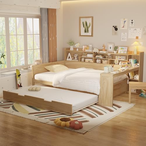 Bellemave Twin Corner Bed Frame with Storage Shelves and Desk, Gray L74206