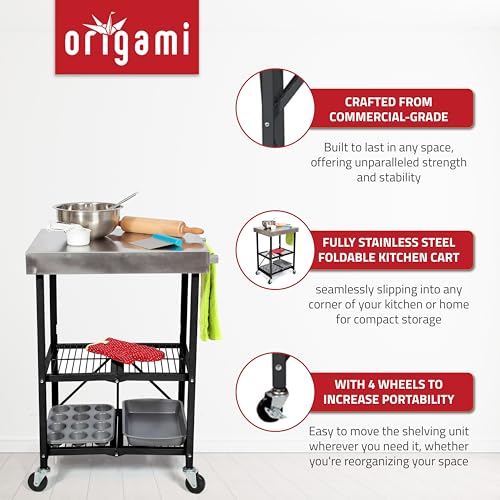 Origami Folding Kitchen Cart on Wheels, 3-Tier Rolling Cart Z2164