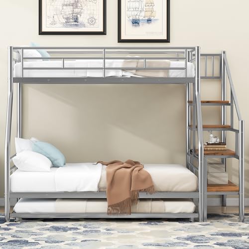 Twin Over Full Metal Bunk Bed with Trundle and Stairs Y9724