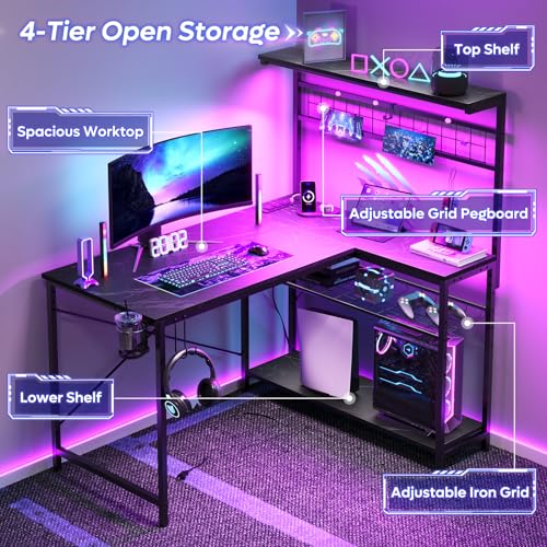 Bestier 42 L Gaming Desk with Power Outlets, LED Lights and Shelves D8630