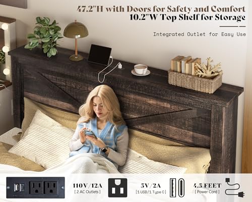 AMERLIFE King Bed Frame with Bookcase Headboard and Charging Station V4787