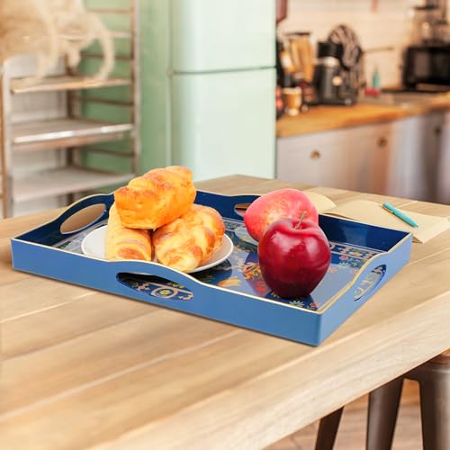 Gifturbo Blue Serving Tray with Handles, Rectangular Plastic Tray J15614