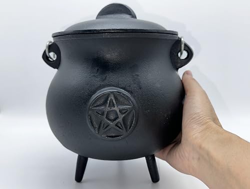 X-Large Pentacle Cast Iron Cauldron with Lid and Handle, 7.5" Diameter I70629