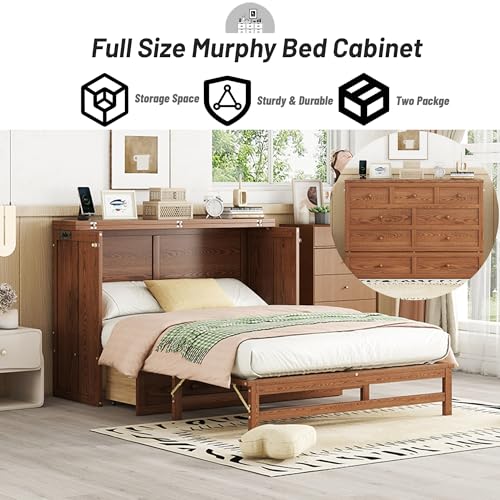 Queen Murphy Bed Cabinet with Storage Drawer and Charging Station, Solid Pine, White A401