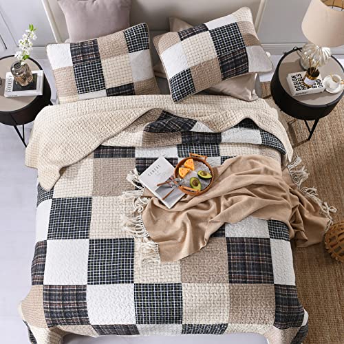 Quilt Queen 100% Cotton Queen Quilt Bedding Set, Grey Patchwork Plaid, 3 Pieces C440600