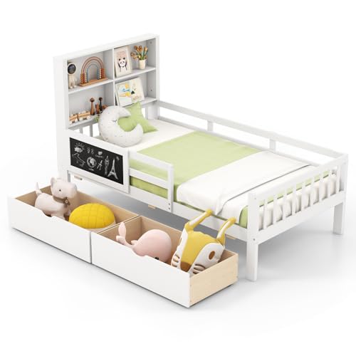 Giantex Full Bed with 2 Storage Drawers, Solid Wood Kids Bed Frame, White N580265