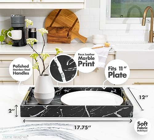 White Marble Faux Leather Decorative Tray with Handles D972626