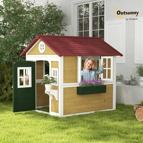 Outsunny Wooden Kids Playhouse with Doors and Windows for Toddlers 3-8 Years, Beige Q471