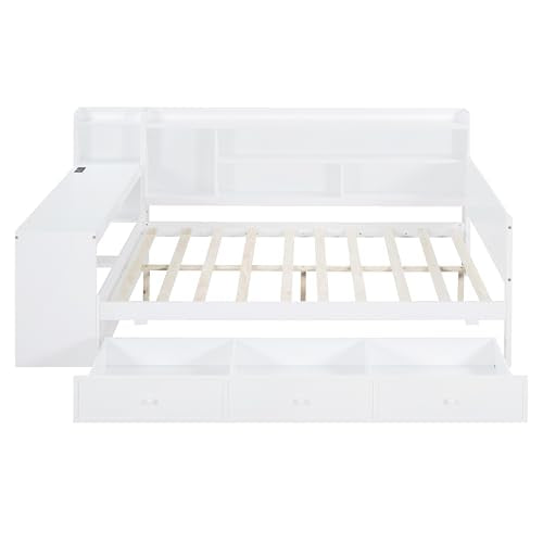 Bellemave Twin Corner Bed Frame with Storage Shelves and Desk, Gray L74206