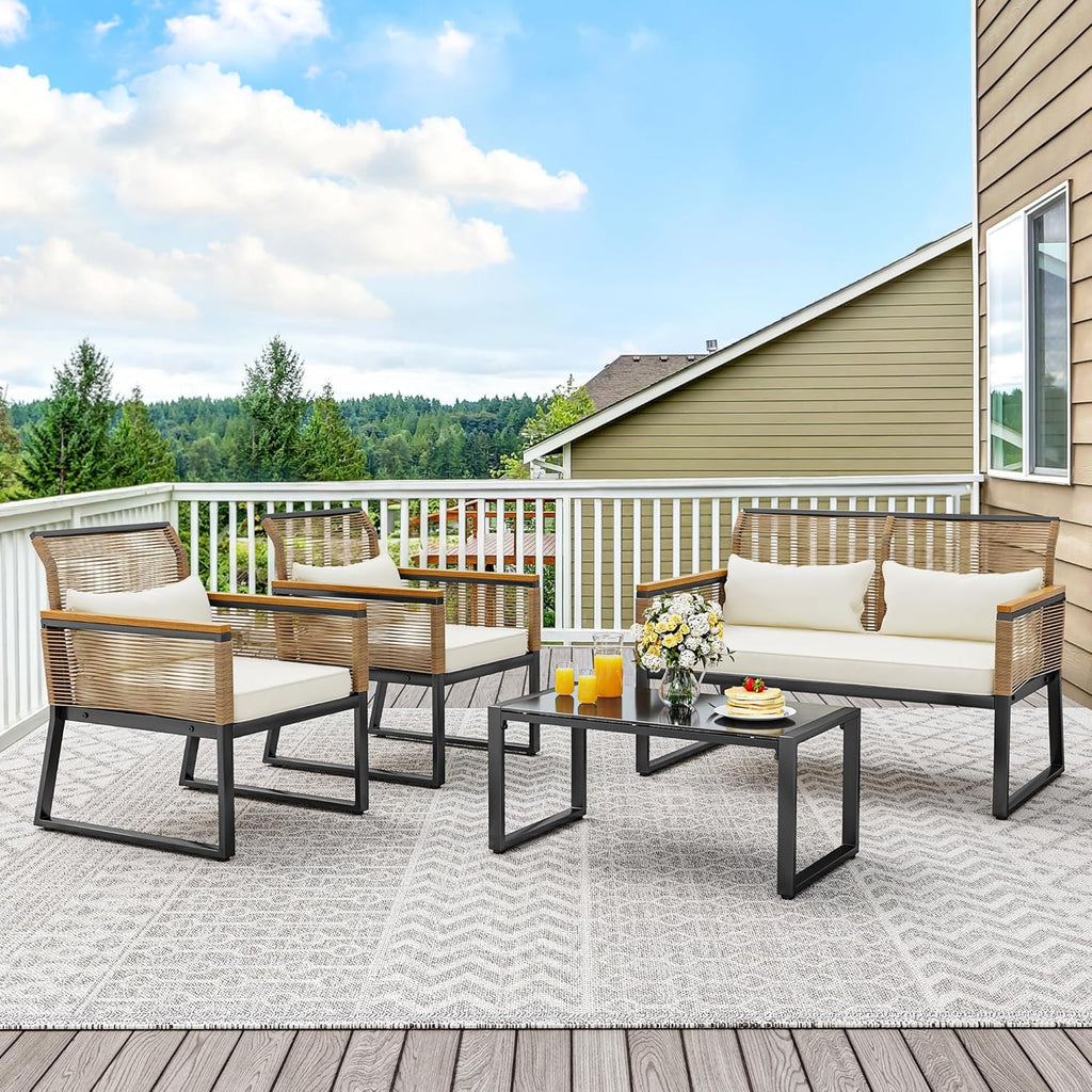YITAHOME Patio Wicker Outdoor Bistro Set 4-Piece with Gray Cushions I870625