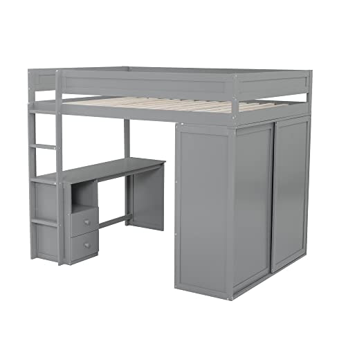 Full Size Loft Bed with Storage Wardrobe and Desk for Kids Teens Adults White K66587