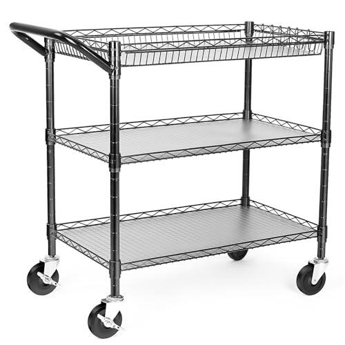 WDT Heavy Duty 3 Tier Utility Cart with Wheels, Commercial Grade Service Cart, 750LBS Capacity Silver L466