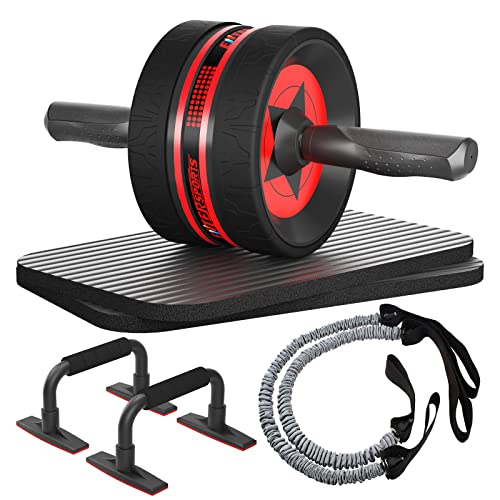 Ab Rollers Wheel Kit, Exercise Wheel Core Strength Training Abdominal Roller Set with Push Up Bars, Resistance Bands, Knee Mat Home Gym Fitness Equipment for Abs Workout