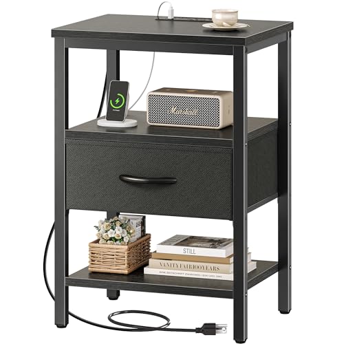 SUPERJARE Nightstand with Charging Station, Fabric Drawer, 3-Tier Storage, Walnut K366263