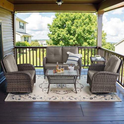 Outdoor Wicker Swivel Rocker Chairs Set of 2 with Rattan Side Table, Brown/Blue B592