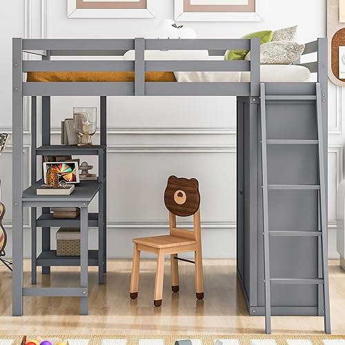 Harper & Bright Designs Full Size Loft Bed with Wardrobe and Desk, Solid Wood, White R4710