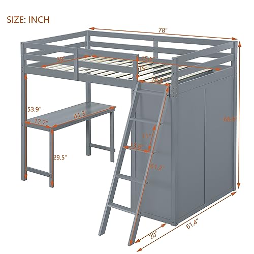 Harper & Bright Designs Full Size Loft Bed with Wardrobe and Desk, Solid Wood, White R4710