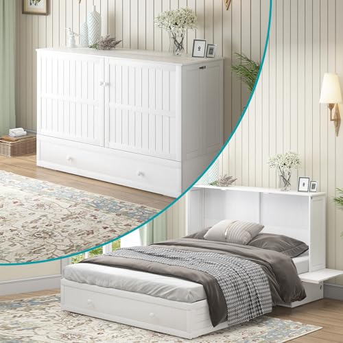 BALUS Queen Murphy Bed Cabinet with USB Charging Station, Cherry Q863