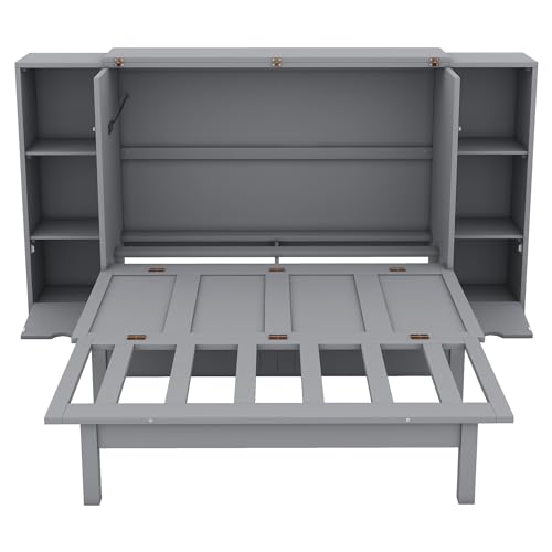 Ball & Cast Queen Size Solid Pine Murphy Bed with Charging Station, White + Walnut P2075
