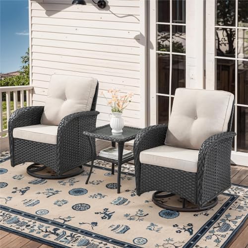 Outdoor Wicker Swivel Rocker Chairs Set of 2 with Rattan Side Table, Brown/Blue B592