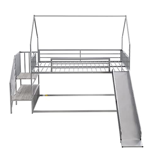 Twin Over Twin Metal Bunk Bed with Slide and Storage Stairs Y118