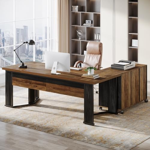 Tribesigns 70.86" L Shaped Executive Desk with Mobile File Cabinet, Brown and Black J5967