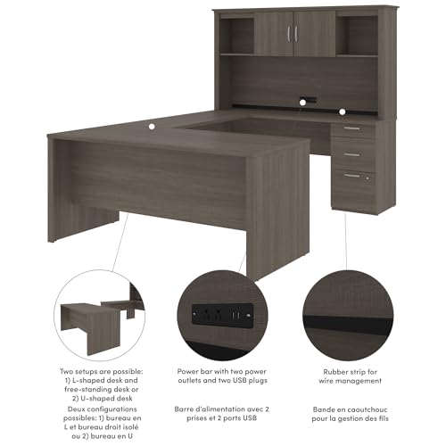 Bestar Logan 66W U or L-Shaped Executive Office Desk with Pedestal and Hutch, Bark Grey W17996