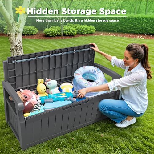 Greesum 80 Gallon Outdoor Storage Bench, Resin Patio Furniture, Dark Black I77551