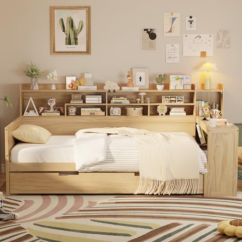 Bellemave Twin Corner Bed Frame with Storage Shelves and Desk, Gray L74206