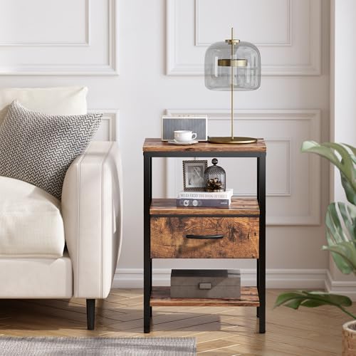 SUPERJARE Nightstand with Charging Station, Fabric Drawer, 3-Tier Storage, Walnut K366263
