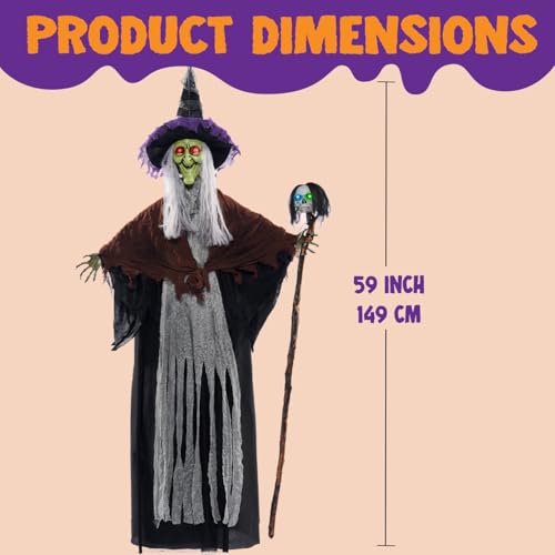 JOYIN 59" Halloween Hanging Witch Decor with Light Up Skull Wand X22425
