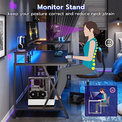 SEDETA Gaming Desk 70.8'' with LED Lights and Storage Shelves, Black Y2845