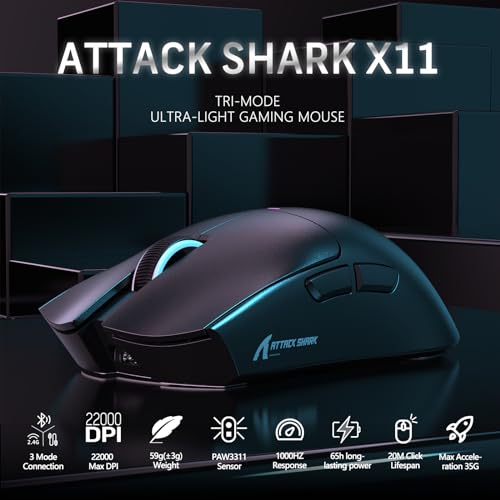 Attack Shark X11 59g Superlight Wireless Gaming Mouse with RGB Charging Dock, Black W869
