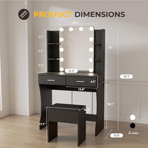 White Vanity Desk with LED Mirror and Storage Stool D5834